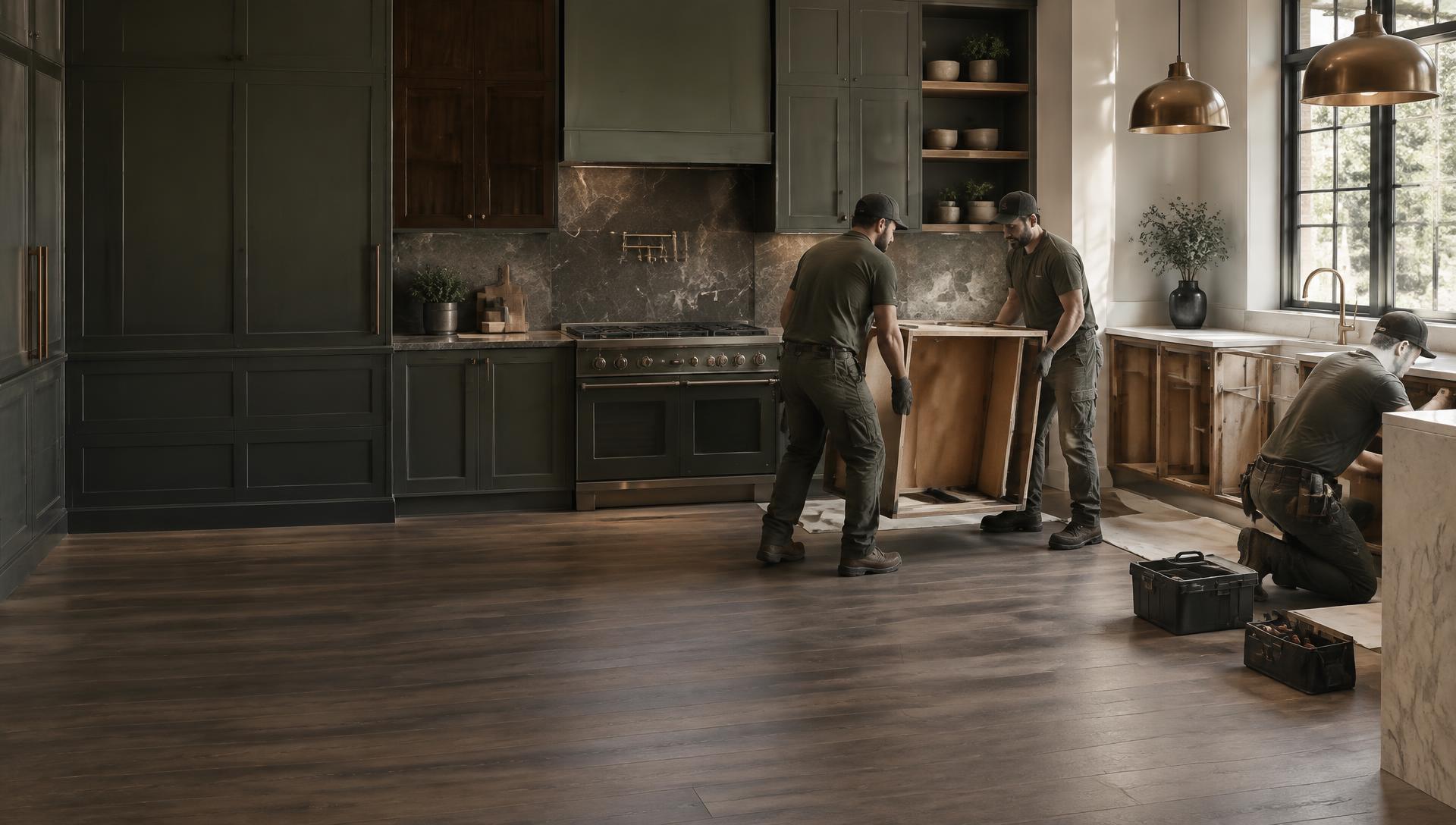 Our crew carrying out an old cabinet during a kitchen cleanout