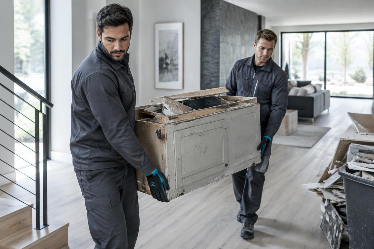 Workers carrying an old cabinet out of a residential space