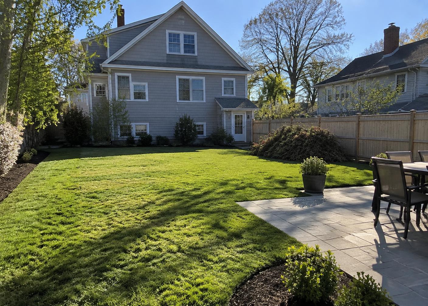 A tidy residential backyard after a yard cleanup