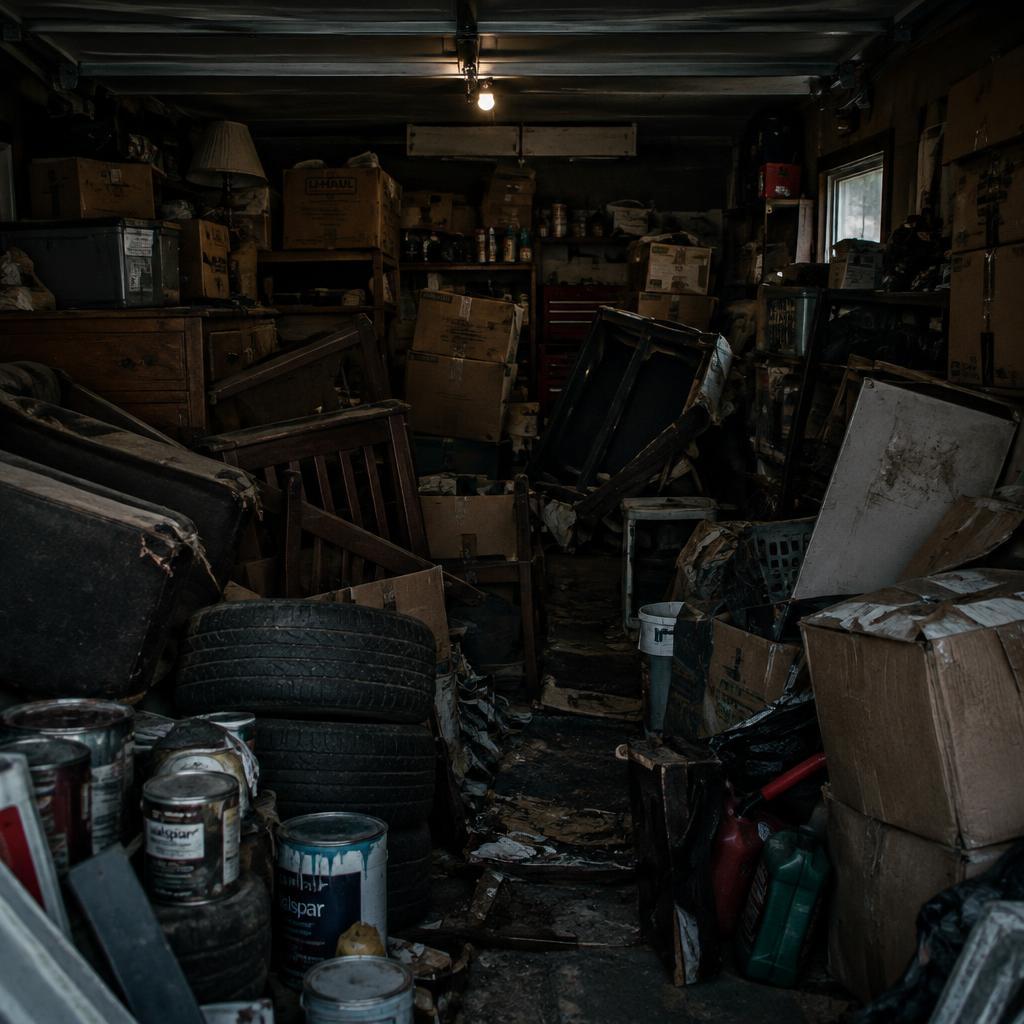 A garage packed floor to ceiling with boxes, tires and debris before the cleanup