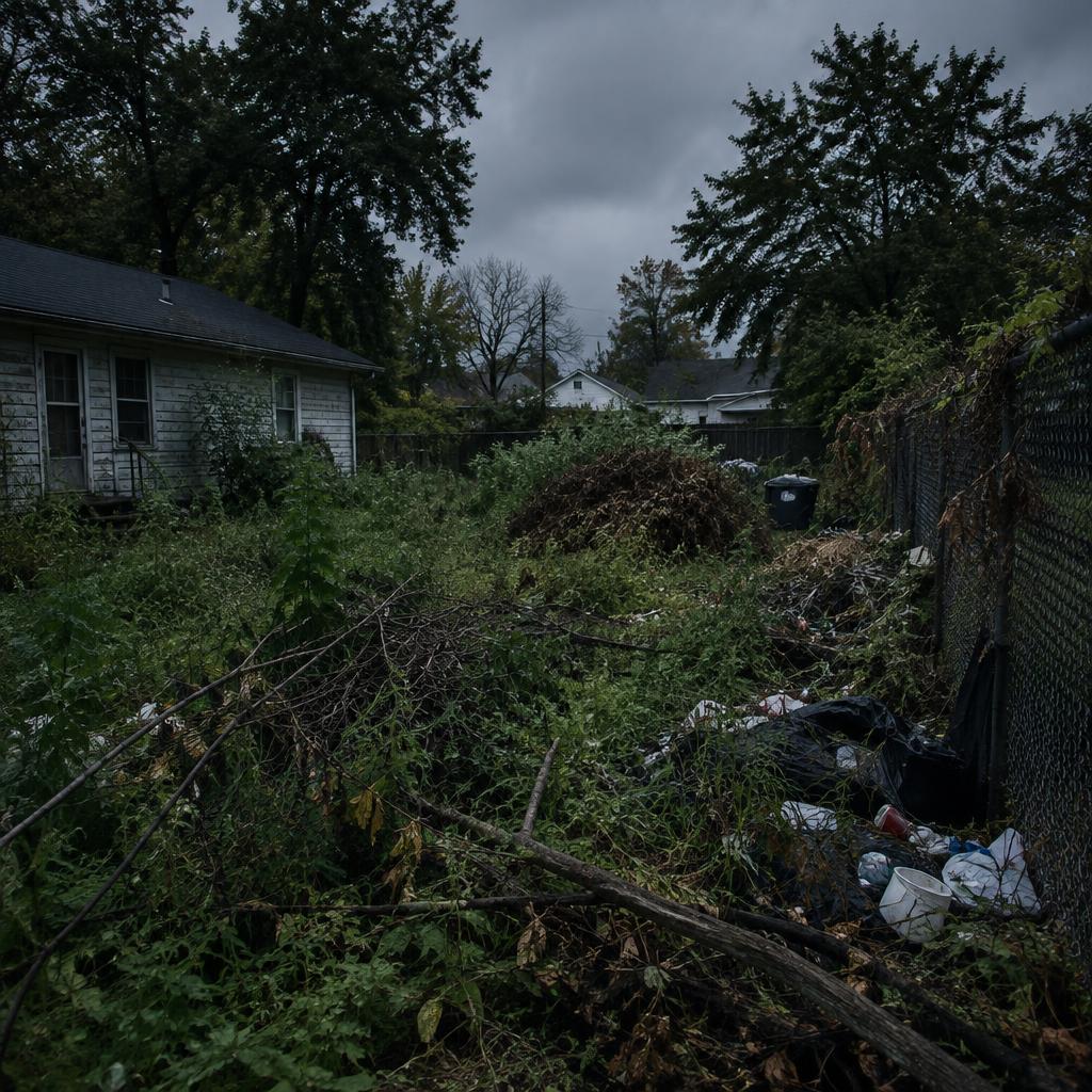 An overgrown backyard buried in weeds, branches and scattered debris